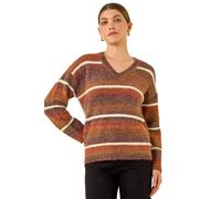 Roman Originals Stripe Fluffy Knit Jumper for Women UK - Ladies Everyday Autumn Winter V-Neckline Comfy Soft Evening Vacation Work Party Night Out - Brown - Size 16