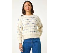 Roman Originals Fluffy Yarn Jumper for Women UK Ladies Thick Sweater Warm Cosy Chunky Knitted Pullover Winter Furry Casual Smart Textured Everyday Cuddly Soft Knitwear - Ivory Blue - Size ONE