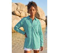 Roman Originals Shirt for Women Ladies Cotton Blouse Button Through Tunic Printed Top Work Long Sleeve Smart Casual Going Out Work Office V Neck Everyday Evening Event - Green Stripe - Size 14