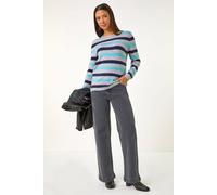 Roman Originals Women Stripe Print Jumper Ladies Winter Autumn Knit Knitted Sweater Embroidered Knitwear Casual Smart Round Crew Neck Pull Over Everyday Going Out Party - Blue - Size 12