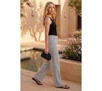 Roman Originals Striped Wide Leg Stretch Trousers for Women UK - Ladies Everyday Holiday Spring Summer Comfy Soft Evening Vacation Work Party - Black - Size 12