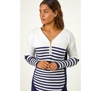 Roman Originals Ribbed Jumper for Women UK - Ladies Textured Top Colour Block Knitted Tunic Autumn Winter Zip Everyday Casual Blouse Day V-Neck Warm Long Sleeve Cosy Jersey - Ivory - Size 12