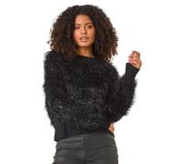 Roman Striped Fluffy Knit Jumper for Women UK - Ladies Autumn Everyday Winter Holiday Round Neckline Comfy Long Sleeve Soft Warm Feel Top Office Desk Sweaters - Black - Size ML