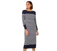 Roman Striped High Neck Knit Bodycon Midi Dress for Women UK - Ladies Autumn Everyday Winter Holiday Long Sleeve Soft Woven Fabric Comfy Office Frock Desk Gowns - Navy - Size 10