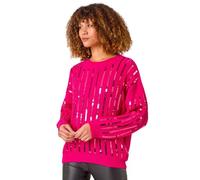 Roman Striped Sequin Knitted Jumper for Women UK - Ladies Autumn Everyday Winter Holiday Round Neckline Comfy Long Sleeve Soft Sparkle Detail Top Office Desk Sweaters - Magenta - Size ONE