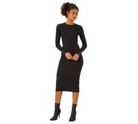 Roman Stud Detail Knit Bodycon Dress for Women UK - Ladies Autumn Everyday Winter Holiday Round Neckline Comfy Long Sleeve Soft Knee Length Frock Office Desk Gowns - Black - Size 10