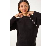Roman Textured Buttoned Neck Knit Jumper for Women UK - Ladies Autumn Everyday Winter Holiday Long Sleeve Soft Warm Feel Comfy Top Office Desk Sweaters - Black - Size 12