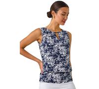 Roman Originals Textured Ditsy Floral Print Top for Women UK - Ladies Everyday Holiday Spring Summer Round Neckline Comfy Soft Evening Vacation Work Party - Navy - Size 12