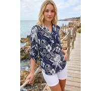 Roman Originals Shirt for Women UK Ladies Top Collarless Blouse Stretchy Tunic Smart Casual Autumn Winter Jersey 3/4 Length Sleeve Notch V Neck Flattering Office Work - Navy White Floral - Size 10