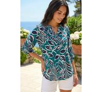 Roman Shirt for Women UK Ladies Top Collarless Blouse Stretchy Tunic Smart Casual Autumn Winter Jersey 3/4 Length Sleeve Notch V Neck Flattering Office Work - Textured Leaf Emerald - Size 12