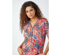 Roman Textured Leaf Zip Detail V-Neck Stretch Top In Orange Orange