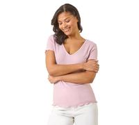 Roman Textured Lettuce Edge Top for Women UK - Ladies Spring Everyday Summer Holiday V-Neckline Comfy Short Sleeve Soft Twist Detail Shirt Day Out Blouses - Pink - Size 10