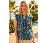 Roman Textured Palm Print Frilled Top In Navy Navy