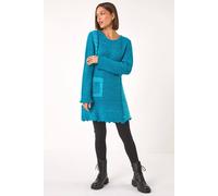 Roman Originals Textured Pocket Detail Longline Jumper for Women UK - Ladies Everyday Autumn Winter Round Neckline Comfy Soft Evening Vacation Work Party Night Out - Teal - Size 14