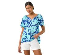 Roman Originals Textured Floral Print Stretch T-Shirt for Women UK - Ladies Everyday Holiday Spring Summer Notch Neckline Comfy Soft Evening Vacation Work Party - Royal Blue - Size 18