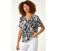 Roman Women's Textured Print Zip Detail Top in Black | Size: 12 Roman Black 12