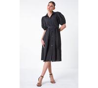 Roman Originals Textured Puff Sleeve Midi Shirt Dress for Women UK - Ladies Everyday Holiday Spring Summer Comfy Soft Evening Vacation Work Party - Black - Size 16