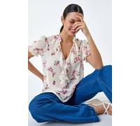 Roman Textured Spot Floral Print V-Neck Frill Top In Ivory Ivory 12
