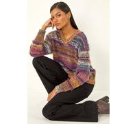 Roman Women's Textured Stripe V-Neck Knit Jumper in Purple | Size: 14 Roman Purple 14
