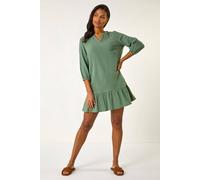 Roman Originals Textured V-Neck Smock Dress for Women UK - Ladies Everyday Holiday Spring Summer V-Neckline Comfy Soft Evening Vacation Work Party - Khaki - Size 14