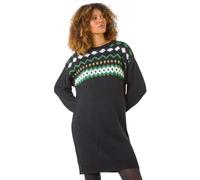 Roman Thick Jumper Dress for Women UK Ladies Fairisle Aztec Knitted Knit Sweater Knitwear Autumn Winter Holiday Round Neck Long Sleeve Soft Knee Length Sweat Warm Thick - Black - Size 16