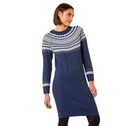 Roman Thick Jumper Dress for Women UK Ladies Fairisle Aztec Knitted Knit Sweater Knitwear Autumn Winter Holiday Round Neck Long Sleeve Soft Knee Length Sweat Warm Thick - Navy White - Size 18