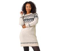 Roman Thick Jumper Dress for Women UK Ladies Fairisle Aztec Knitted Knit Sweater Knitwear Autumn Winter Holiday Round Neck Long Sleeve Soft Knee Length Sweat Warm Thick - Petite Stone - Size 8