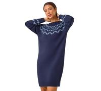 Roman Thick Jumper Dress for Women UK Ladies Fairisle Aztec Knitted Knit Sweater Knitwear Autumn Winter Holiday Round Neck Long Sleeve Soft Knee Length Sweat Warm Thick - Navy Blue - Size 18