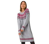 Roman Thick Jumper Dress for Women UK Ladies Fairisle Aztec Knitted Knit Sweater Knitwear Autumn Winter Holiday Round Neck Long Sleeve Soft Knee Length Sweat Warm Thick - Grey Pink - Size 16