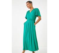 Roman Fit and Flare Dress for Women Ladies Chest Twist Knot Ruched Tea Skater Empire Waist Wedding Guest Smart Casual Swing Midi 3/4 Long Sleeve Knee Length - Jade - Size 12