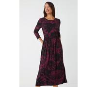 Roman Originals Midi Dress with Pockets for Women UK Ladies Stretchy Jersey Maxi Long 3/4 Length Sleeve Gathered High Waist Boho Flattering Skater Swing Fit Flare - Port - Size 10