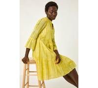 Roman Originals Smock Dress for Women UK Ladies Cotton Summer Embroidered Frilled Tiered Casual Beach Cruise Holiday Cocktail Party 3/4 Sleeve Pull On Gathered Skirt - Yellow Tie Dye - Size 16