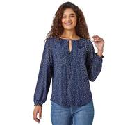 Roman Tie Neck Glitter Stretch Top for Women UK - Ladies Autumn Everyday Winter Holiday V-Neckline Comfy Long Sleeve Soft Elastic Cuff Party Shirt Desk to Dinner Blouses - Midnight Blue - Size 16