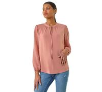 Roman Tie Neck Shimmer Dobby Sleeve Top for Women UK - Ladies Spring Everyday Summer Holiday Round Neckline Comfy Long Sleeve Soft Hip Length Shirt Dinner Date Blouses - Peach - Size 20