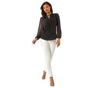 Roman Tie Neck Shimmer Dobby Sleeve Top for Women UK - Ladies Spring Everyday Summer Holiday Round Neckline Comfy Long Sleeve Soft Hip Length Shirt Dinner Date Blouses - Black - Size 20