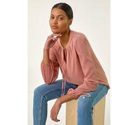 Roman Tie Neck Shimmer Dobby Sleeve Top for Women UK - Ladies Spring Everyday Summer Holiday Round Neckline Comfy Long Sleeve Soft Hip Length Shirt Dinner Date Blouses - Peach - Size 20