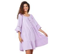 Roman Originals Women Tiered Cotton Tie Detail Smock Dress - Ladies Spring Everyday Summer Holiday Scoop Neckline Soft 3/4 Sleeve Comfy Side Pockets Frock Vacation Gowns - Lilac - Size 14