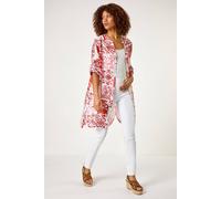 Roman Floral Print Longline Blouse for Women UK - Ladies Spring Everyday Summer Holiday V-Neckline Comfy Long Sleeve Soft Button Up Shirt Vacation Beach Tops - Red White - Size 16