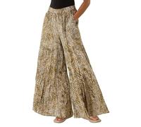 Roman Tile Tiered Palazzo Trouser for Women UK - Ladies Spring Everyday Summer Holiday Elasticated Waist Comfy Wide Leg Soft Lightweight Cool Bottoms Hippie Vacation Pants - Brown - Size L