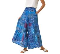 Roman Tile Tiered Palazzo Trouser for Women UK - Ladies Spring Everyday Summer Holiday Elasticated Waist Comfy Wide Leg Soft Lightweight Cool Bottoms Hippie Vacation Pants - Royal Blue - Size L