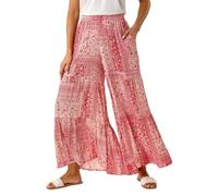 Roman Tile Tiered Palazzo Trouser for Women UK - Ladies Spring Everyday Summer Holiday Elasticated Waist Comfy Wide Leg Soft Lightweight Cool Bottoms Hippie Vacation Pants - Red - Size M
