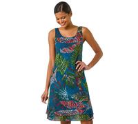 Roman Originals Women Floral Print Layered Fit & Flare Dress - Ladies Spring Everyday Summer Holiday Round Neckline Comfy Swing Shape Soft Sleeveless Relaxed Gown Frocks - Tropical Navy - Size 20