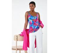 Roman Originals Tropical Print Strap Detail Cami Top for Women UK - Ladies Everyday Holiday Spring Summer V Neckline Comfy Soft Evening Vacation Work Party - Pink - Size 20