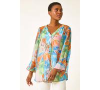 Roman Originals Tropical Print Frill Sleeve Top for Women UK - Ladies Everyday Holiday Spring Summer V-Neckline Comfy Soft Evening Vacation Work Party - Orange - Size 10