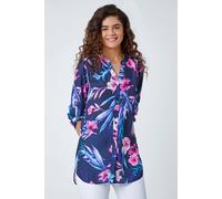 Roman Originals Shirt Top for Women UK Ladies Collarless Blouse Smart Tunic Button Through Longline Asymmetric Hem 3/4 Length Roll Up Sleeves V Neck Going Out - Pink & Navy - Size 20
