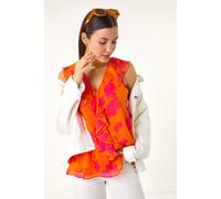Roman Originals Women Frill Front Vest Top Ladies Ruffle Blouse Summer Spring Special Occasion Evening Holiday Cruise Cocktail Party Short Long Sleeve Sleeveless V-Neck - Tropical Orange - Size 20