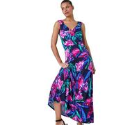 Roman Tropical Puff Print Wrap Maxi Dress for Women UK - Ladies Spring Everyday Summer Holiday V-Neckline Comfy Sleeveless Soft Stretch Jersey Frock Beach Vacation Gowns - Fuchsia - Size 12