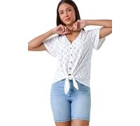 Roman Originals Women Broderie Anglaise Tie Front Top Ladies Floral Crochet Embroidered Blouse Smart Casual Button Down Summer T-Shirt Tee Spring Cruise Beach Holiday Party - Ivory - Size 20