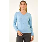 Roman Sparkly Jumper for Women UK - Ladies Sweater Smart Casual Lightweight V Neck Knitwear Knitted Knit Top Winter Office Work Shiny Glitter Party Going Out Sequin - Flower Light Blue - Size 16