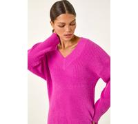 Roman Originals Plain V-Neck Fluffy Knit Jumper for Women UK - Ladies Everyday Autumn Winter V-Neckline Comfy Soft Evening Vacation Work Party Night Out - Magenta - Size 16